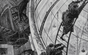 Drawing of two men climbing a glass structure