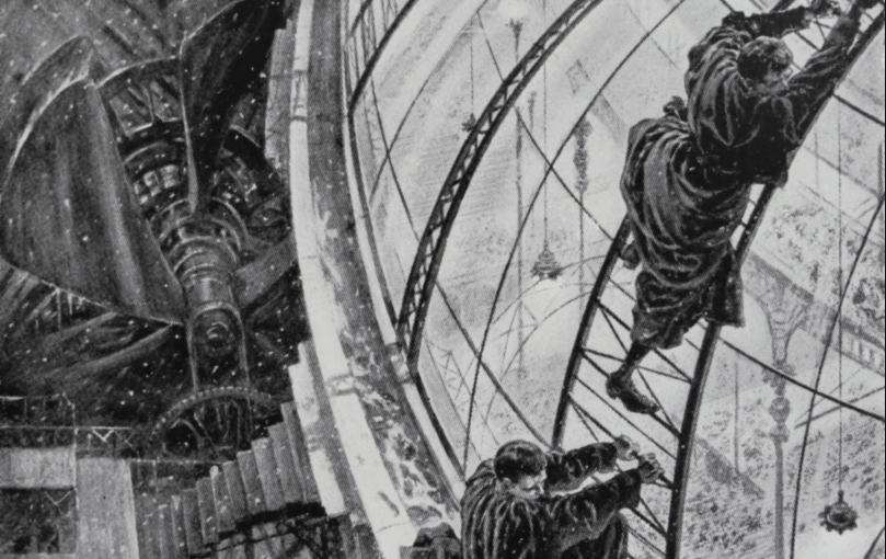 Drawing of two men climbing a glass structure