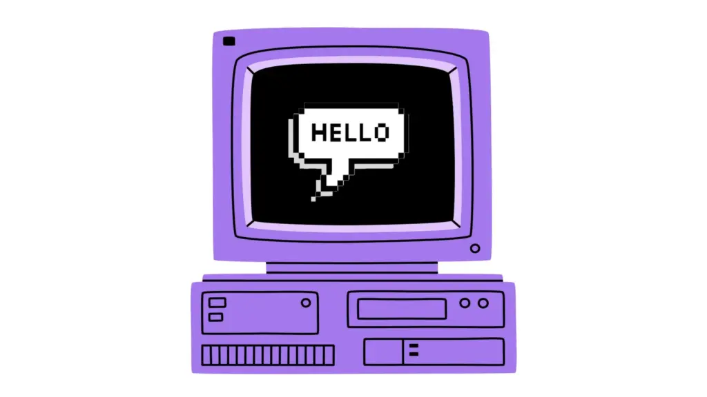 drawing of a personal computer displaying the word "Hello"